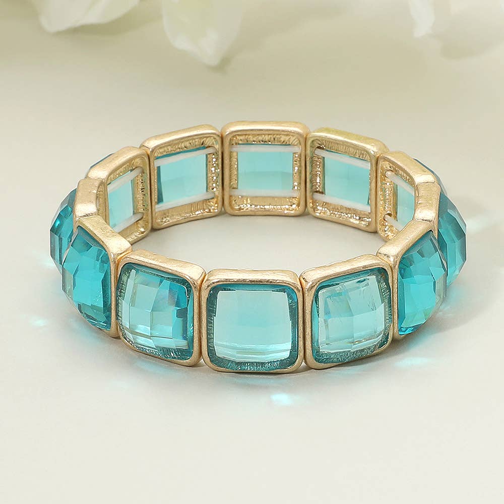 Square Faceted Glass Stone Frame Beaded Stretch Bracelet: Purple ,Worn Gold
