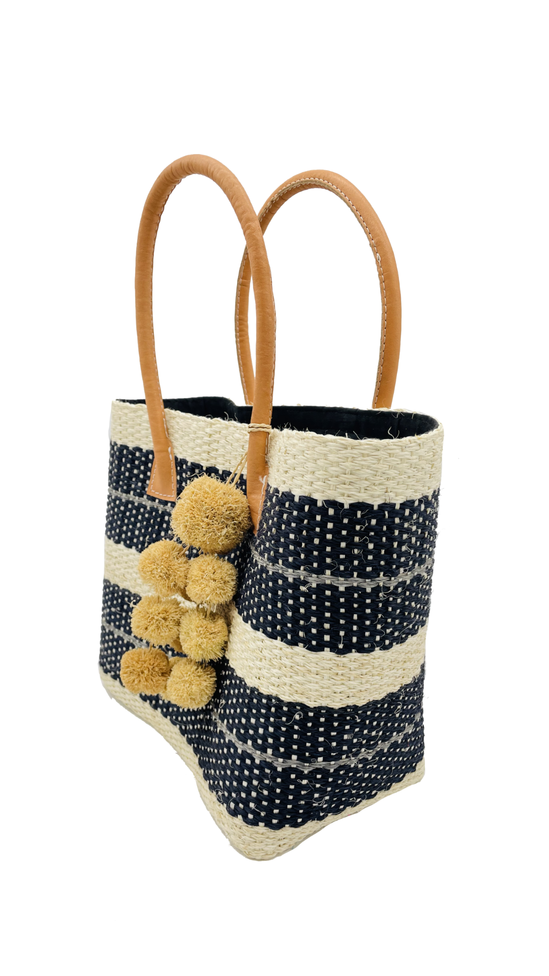 Imperial Sisal Basket Bag with Waterfall Pompoms- 2 sizes: Black Stripes / Medium