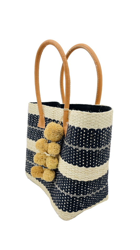 Imperial Sisal Basket Bag with Waterfall Pompoms- 2 sizes: Black Stripes / Medium