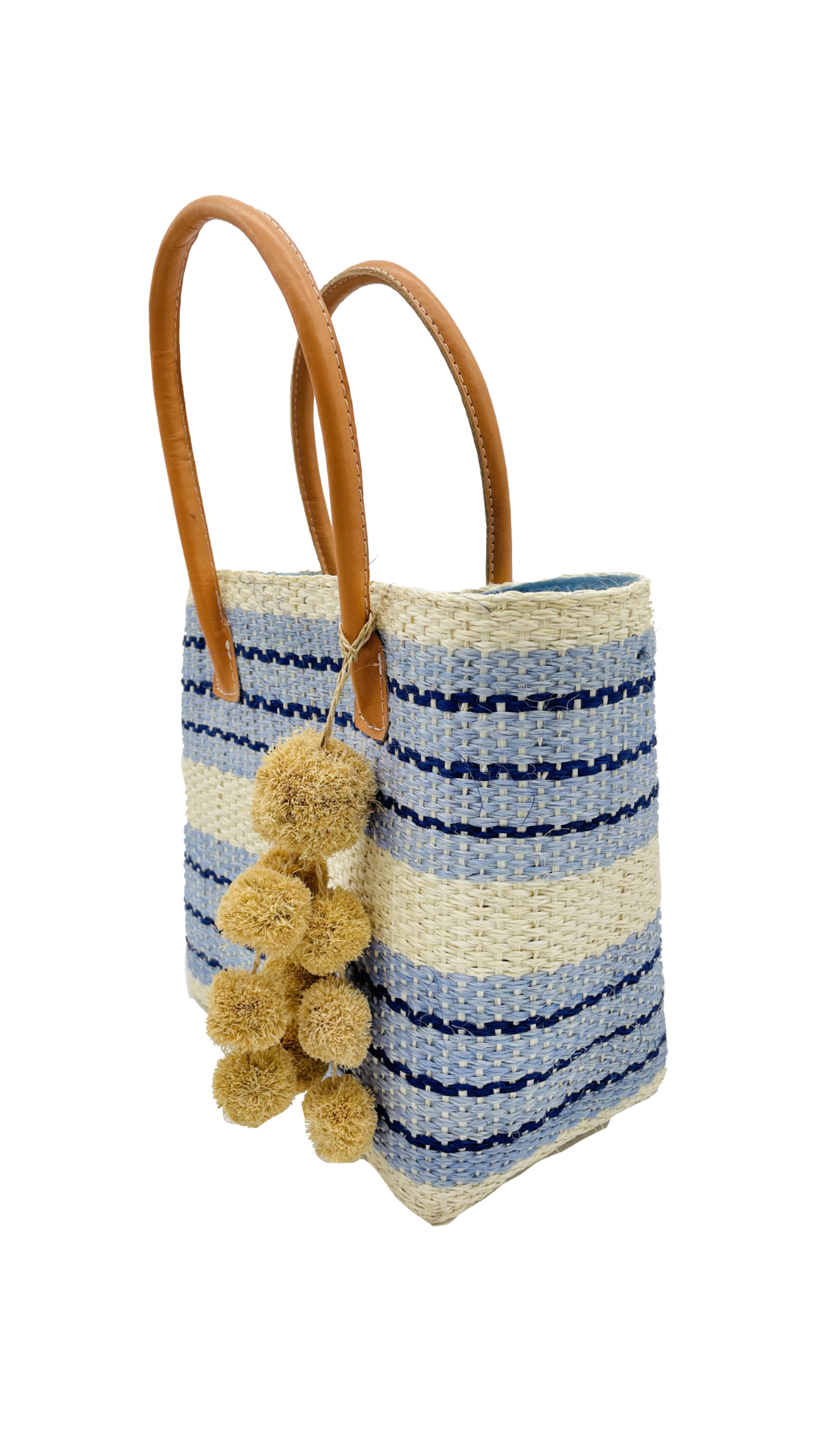 Imperial Sisal Basket Bag with Waterfall Pompoms- 2 sizes: Black Stripes / Medium