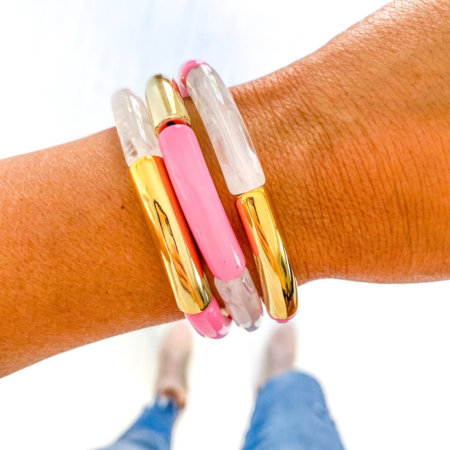 Light Pink Acrylic Tube Bamboo Bracelet: Pink & Gold Discs