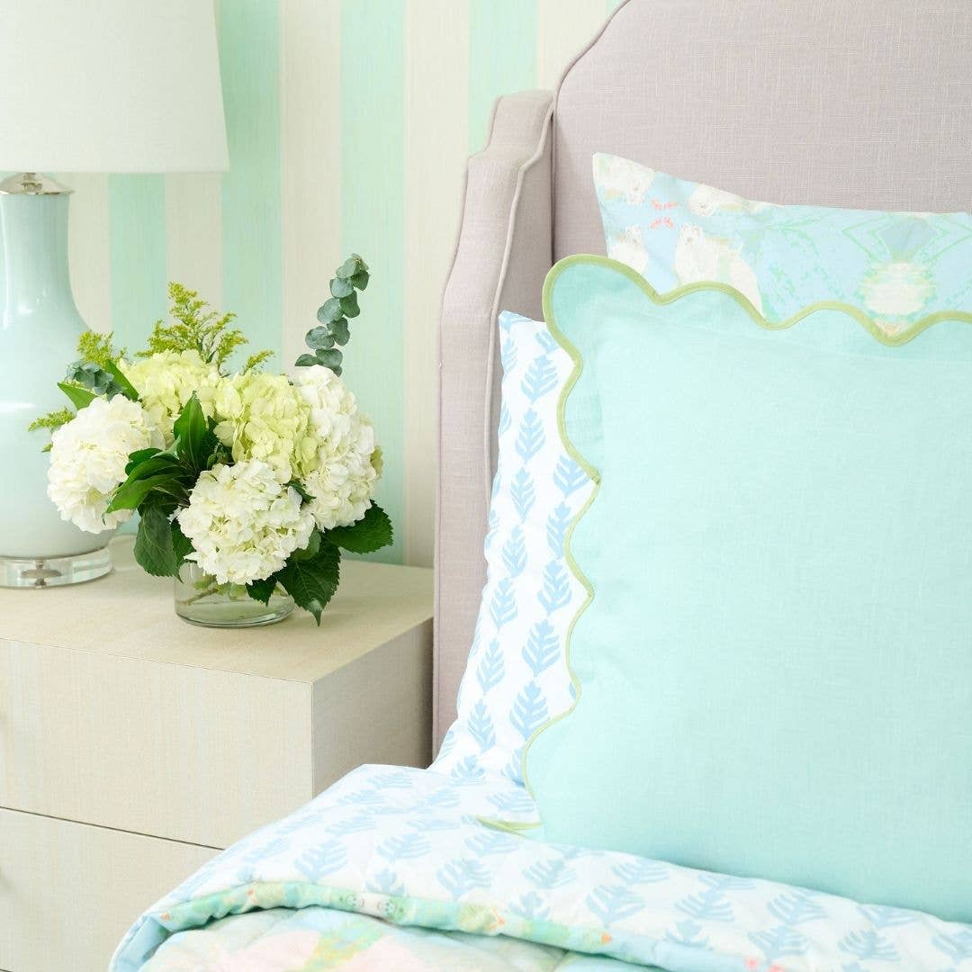 Charlotte Scalloped Linen Pillows Blue with Green Trim, SumnerEdit: 18" x 18" Throw Pillow