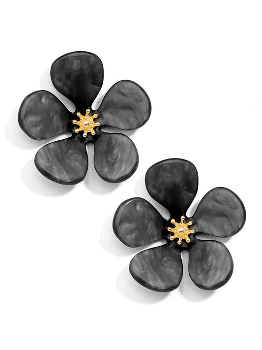 Glistening Resin Flower Stud Earring: BLK