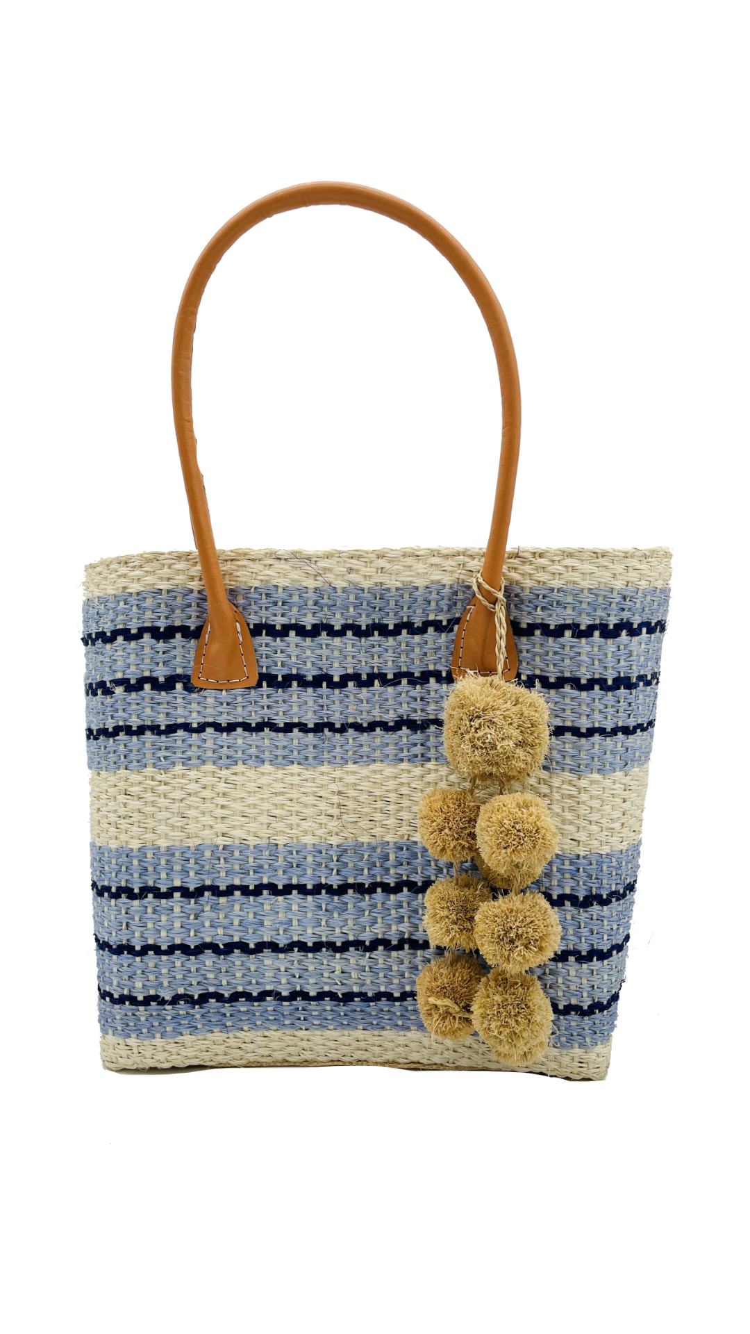 Imperial Sisal Basket Bag with Waterfall Pompoms- 2 sizes: Black Stripes / Medium