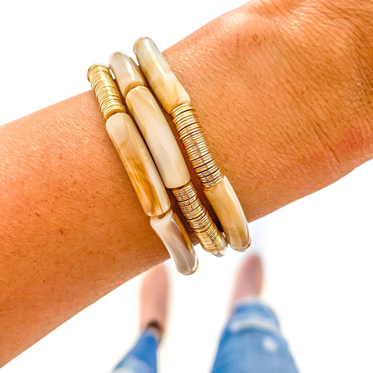 Small Neutral Acrylic Tube Bamboo Bracelet: Carmel-Gold Disc / Small