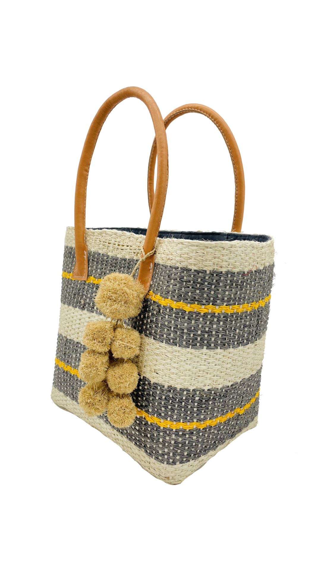 Imperial Sisal Basket Bag with Waterfall Pompoms- 2 sizes: Black Stripes / Medium