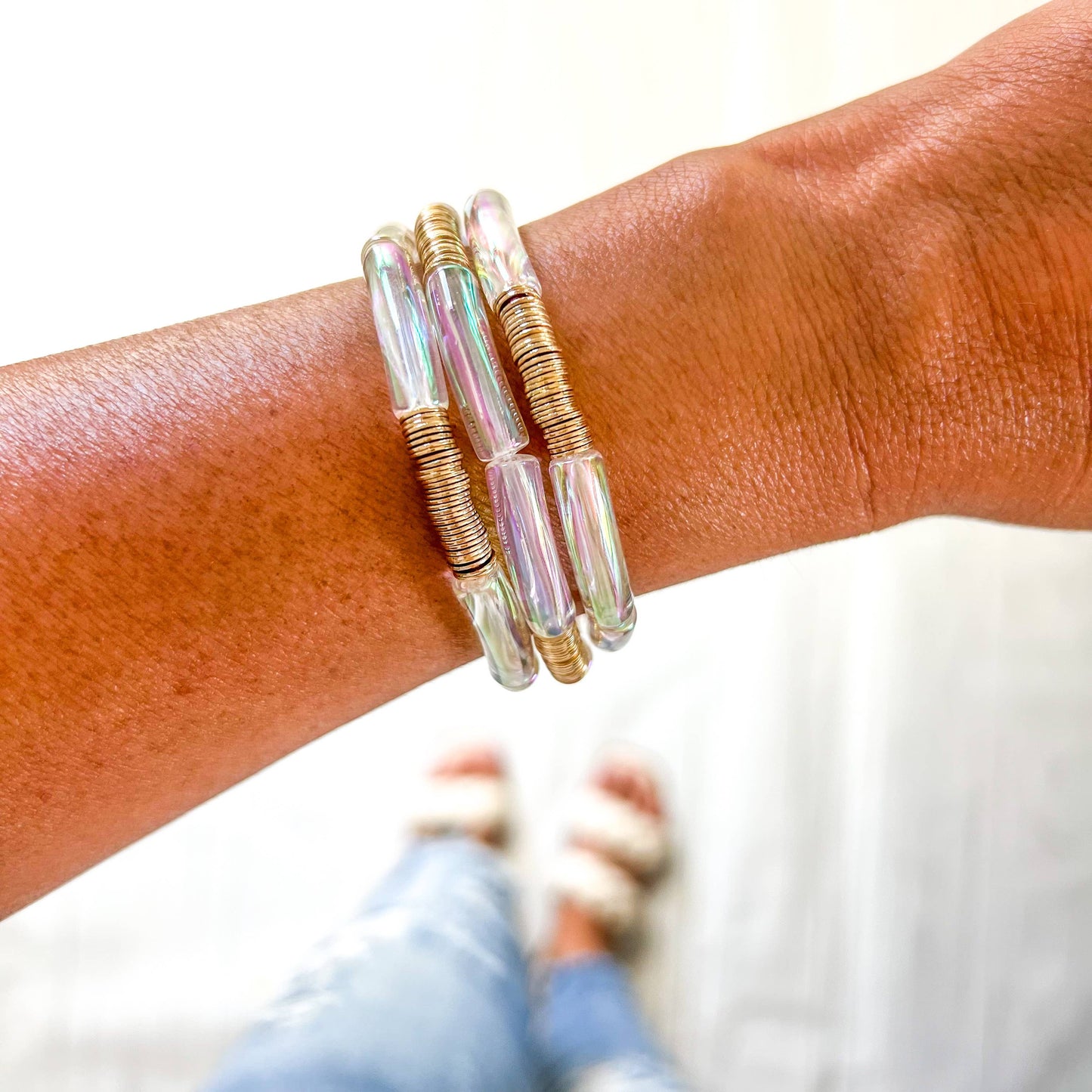 Metallic Clear Opal Acrylic Tube Bamboo Bracelet: Small