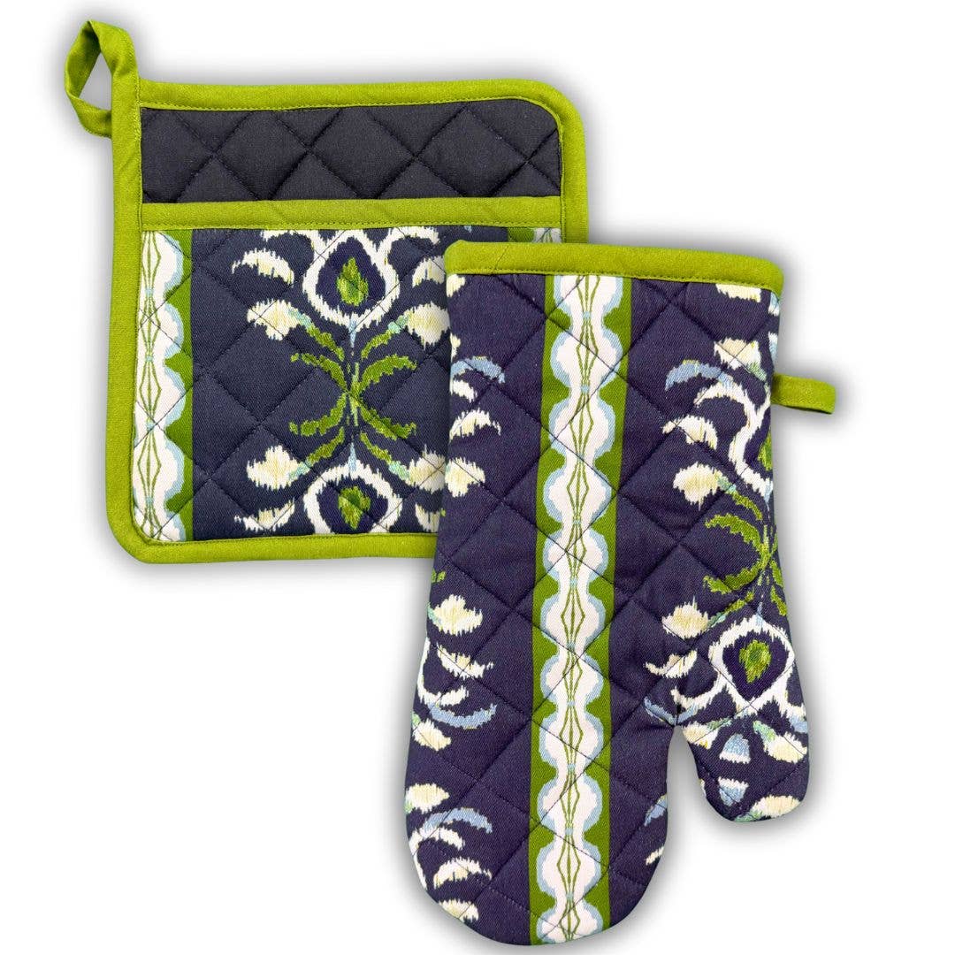 Rosemary Stripe Indigo Oven Mitt and Pot Holder Set: One Size