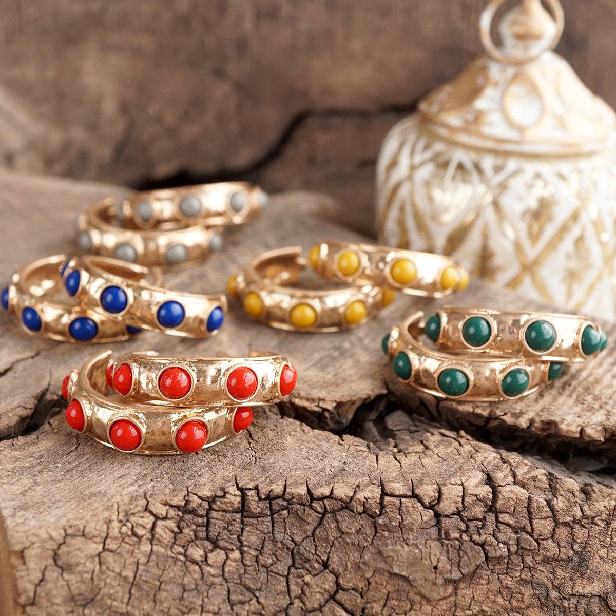 Jeweled Bubble Hoop Earrings – Colorful Acrylic Cabochons: Red