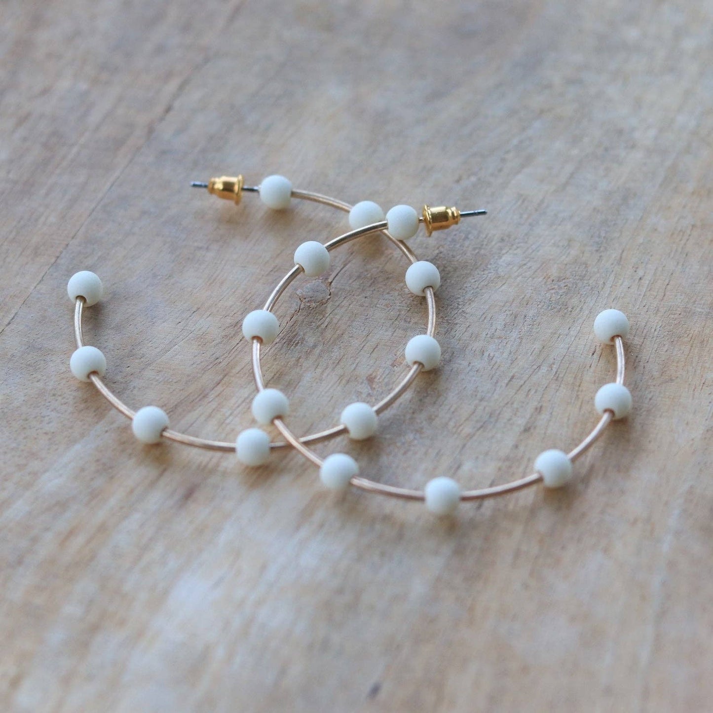 Cream & Gold Bead Hoop Earrings