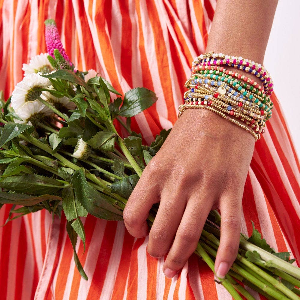 Ashley Small Brass + Crystal Stretch Bracelet Coral + Gold Wholesale