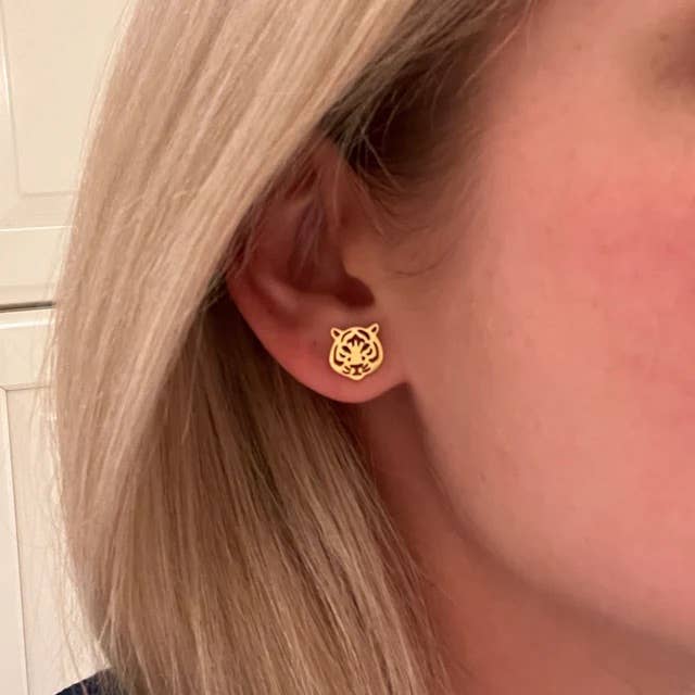 Cute Tiger Earrings, Tiger Football Gift, Silver Stud