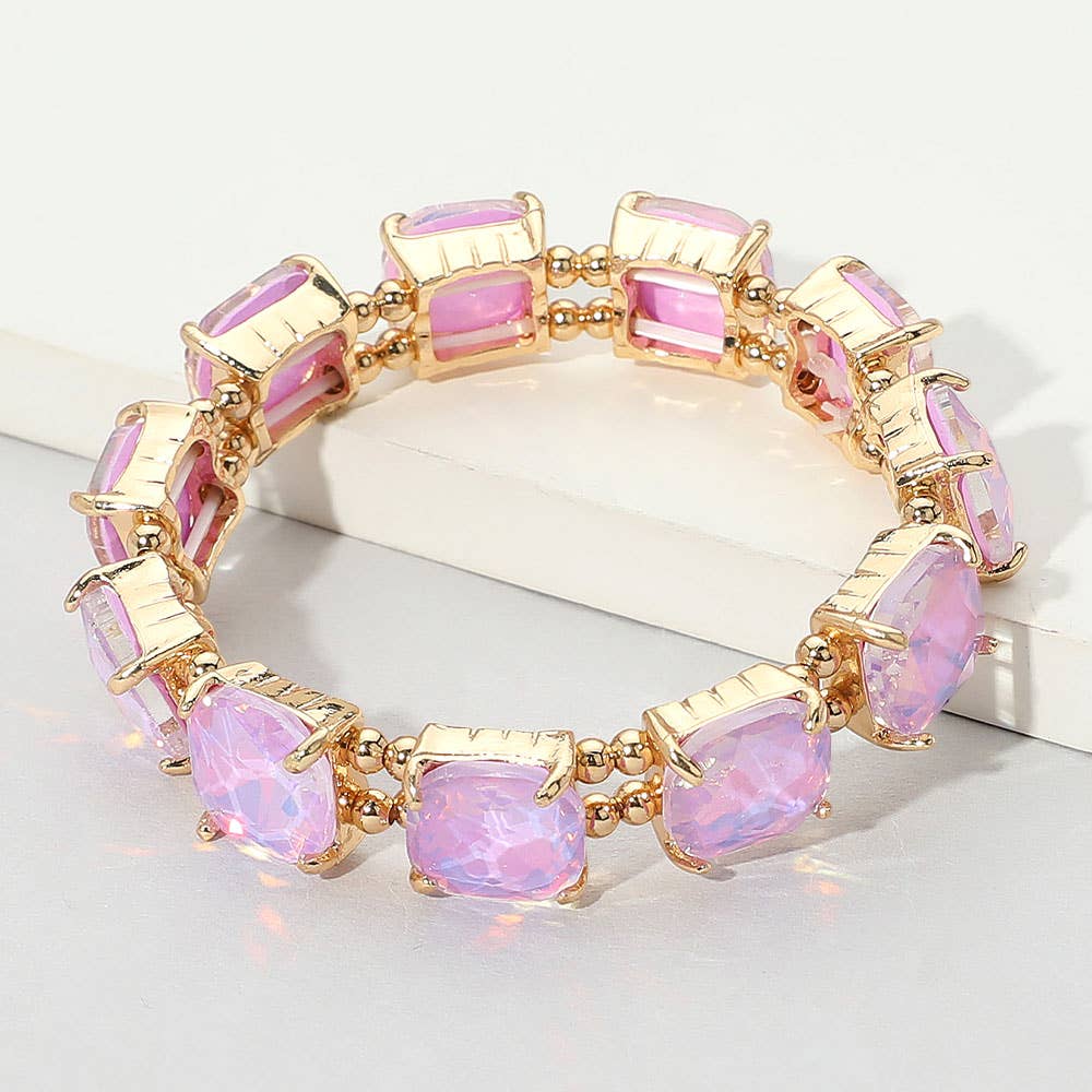 Cushion Square Stone Stretch Evening Bracelet: Opal Pink