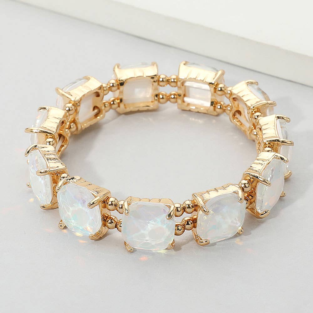 Cushion Square Stone Stretch Evening Bracelet: Opal Pink