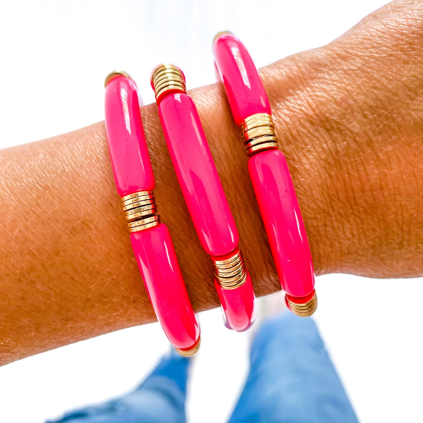 Hot Pink Tube Bamboo Bracelet: Hot Pink-Gold Discs