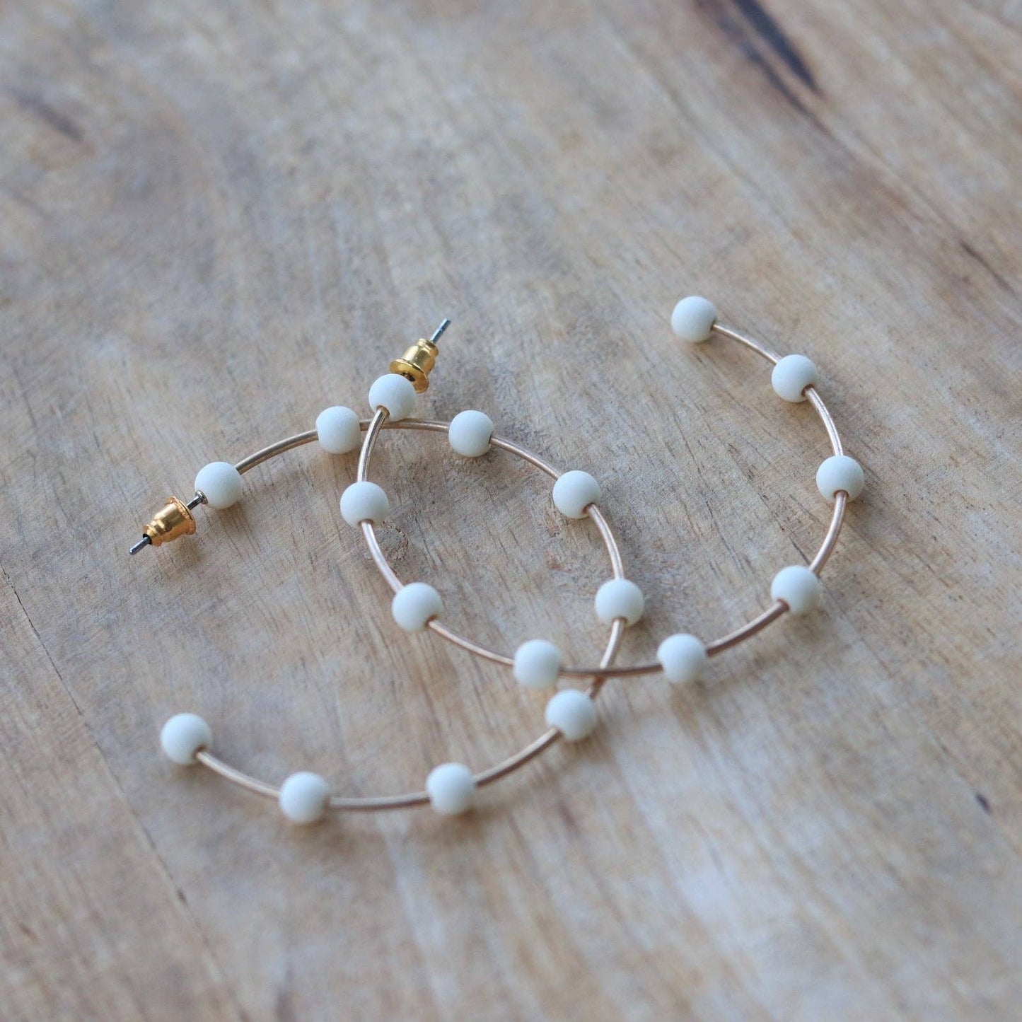 Cream & Gold Bead Hoop Earrings