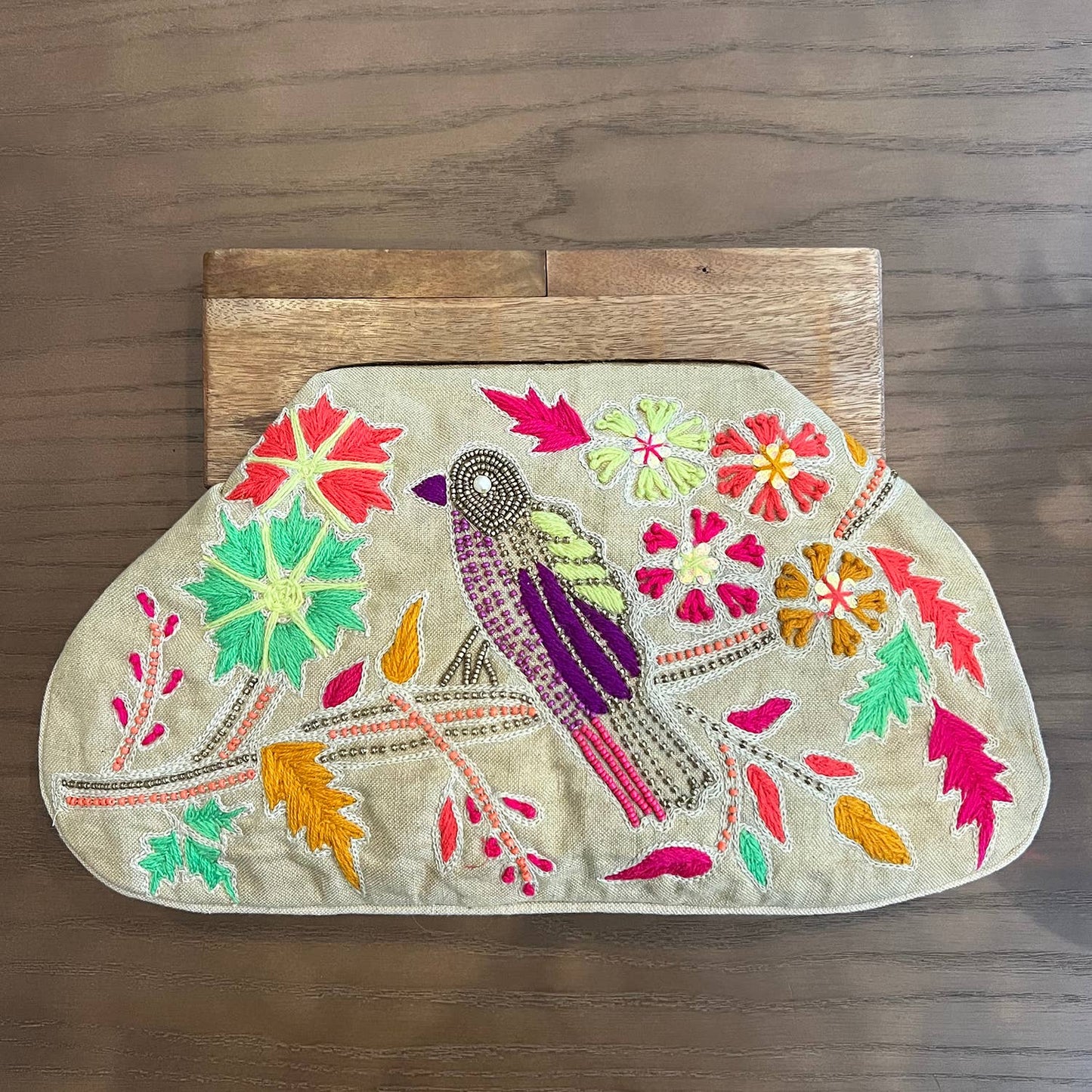 Floral Bird Embroidered Women's Clutch with Wooden Handle