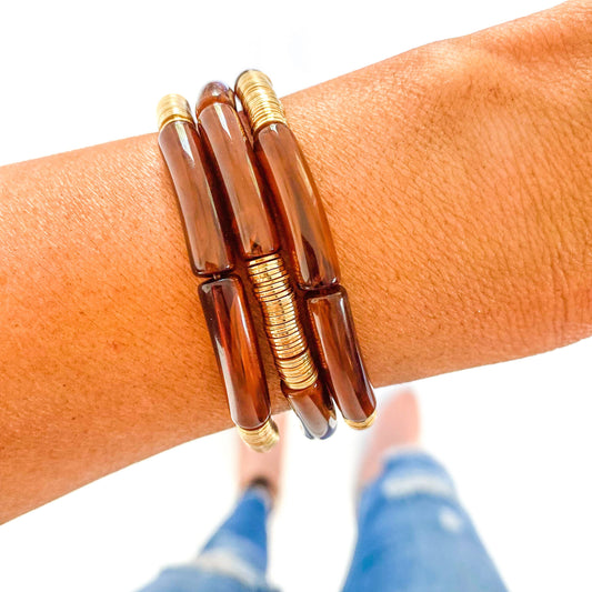 Coco Cola Brown Acrylic Tube Bamboo Bracelet: Small Coco Cola Brown-Gold Discs