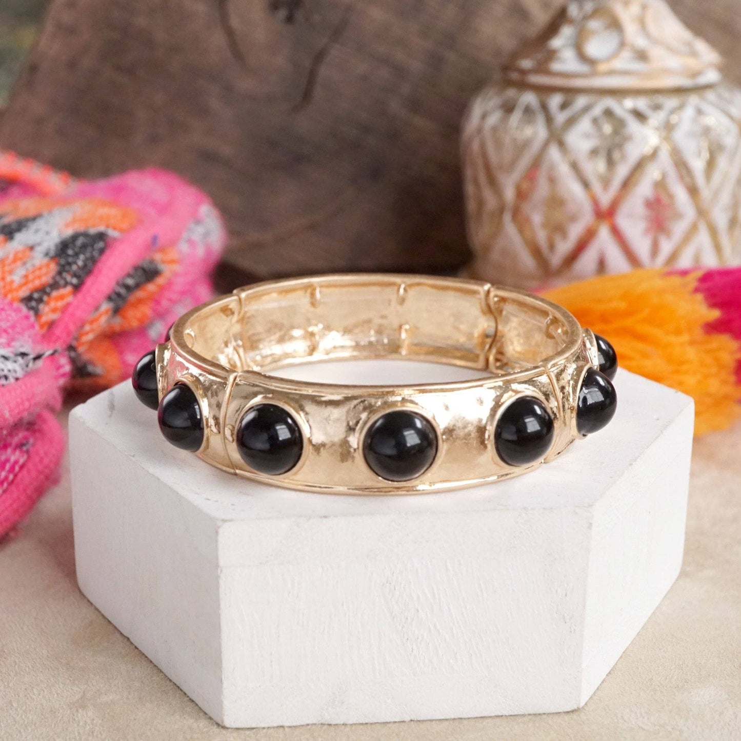 Eternity Statement Bangle Gold Tone Red Blue Brown Green Black Pearl: Pearl