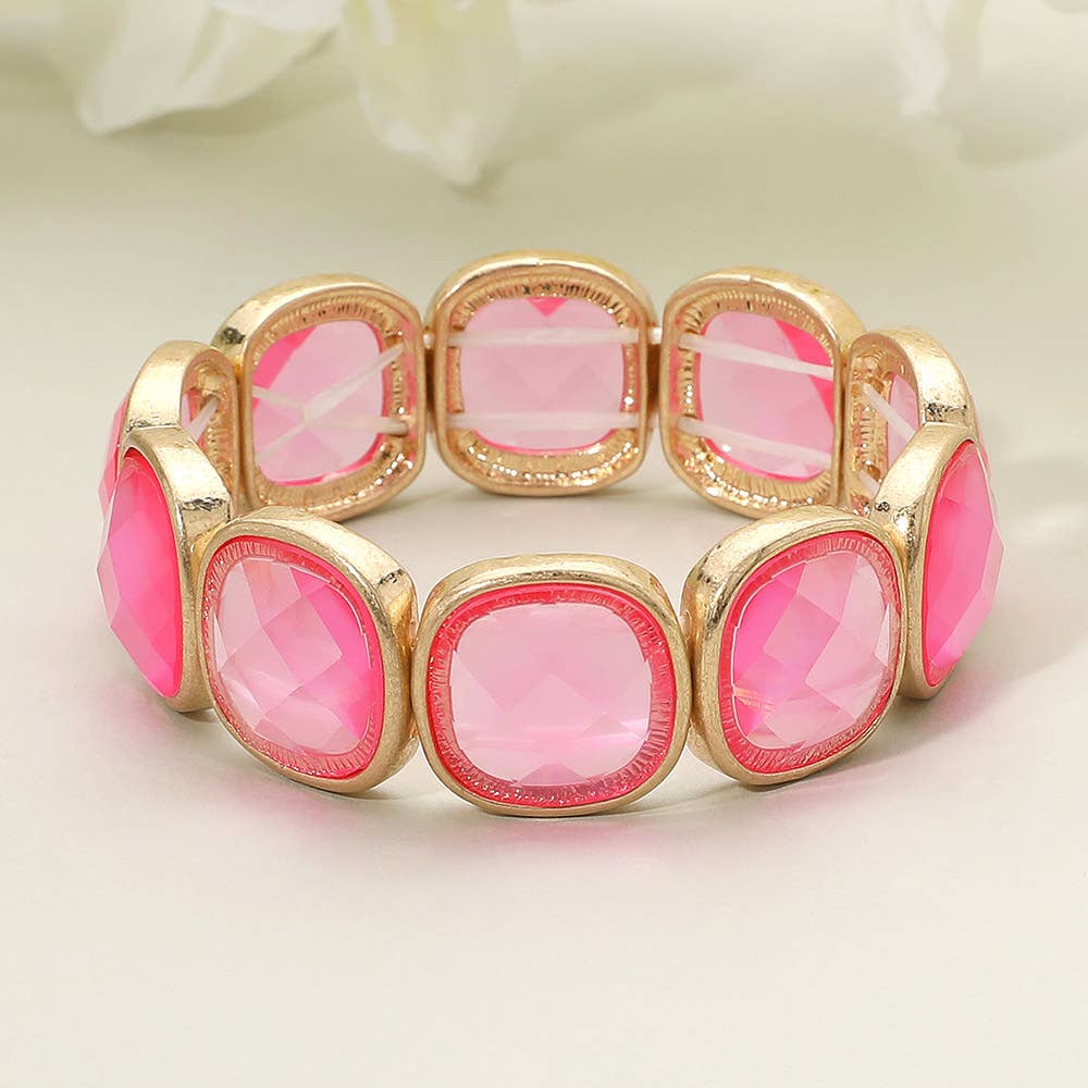 Round Square Glass Stone Frame Beaded Stretch Bracelet: Green,Light,Worn Gold