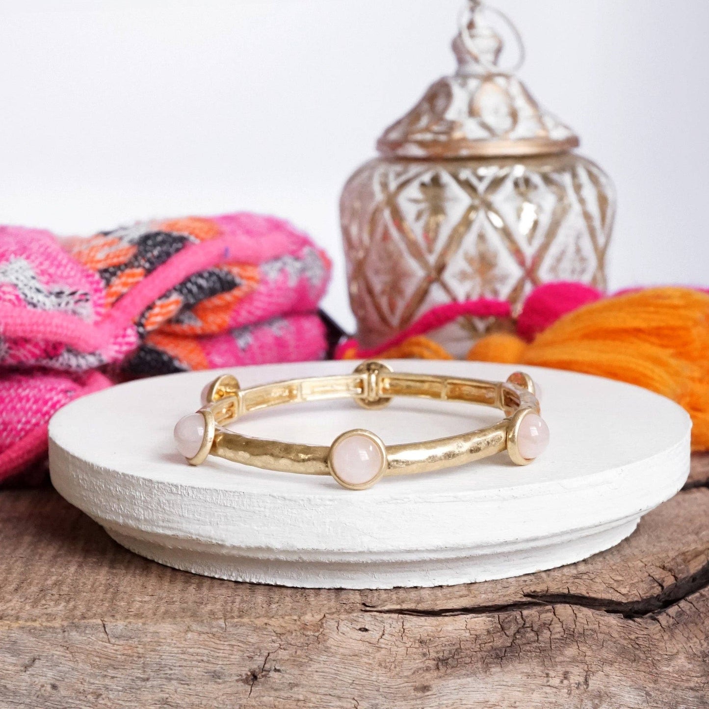 Jeweled Golden Bangle with semi precious stone dots: Worn Gold - Pearl