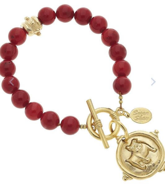 Susan Shaw Bulldog + Red Coral Bracelet