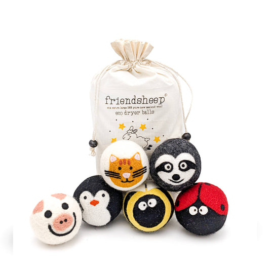 Critter Camp Eco Wool Dryer Balls set of 6-bee, pig, cat, sloth,penguin,and ladybug With Bag