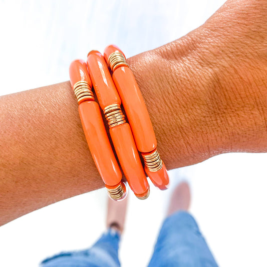 Orange Acrylic Tube Bamboo Bracelet: Orange/Gold Discs