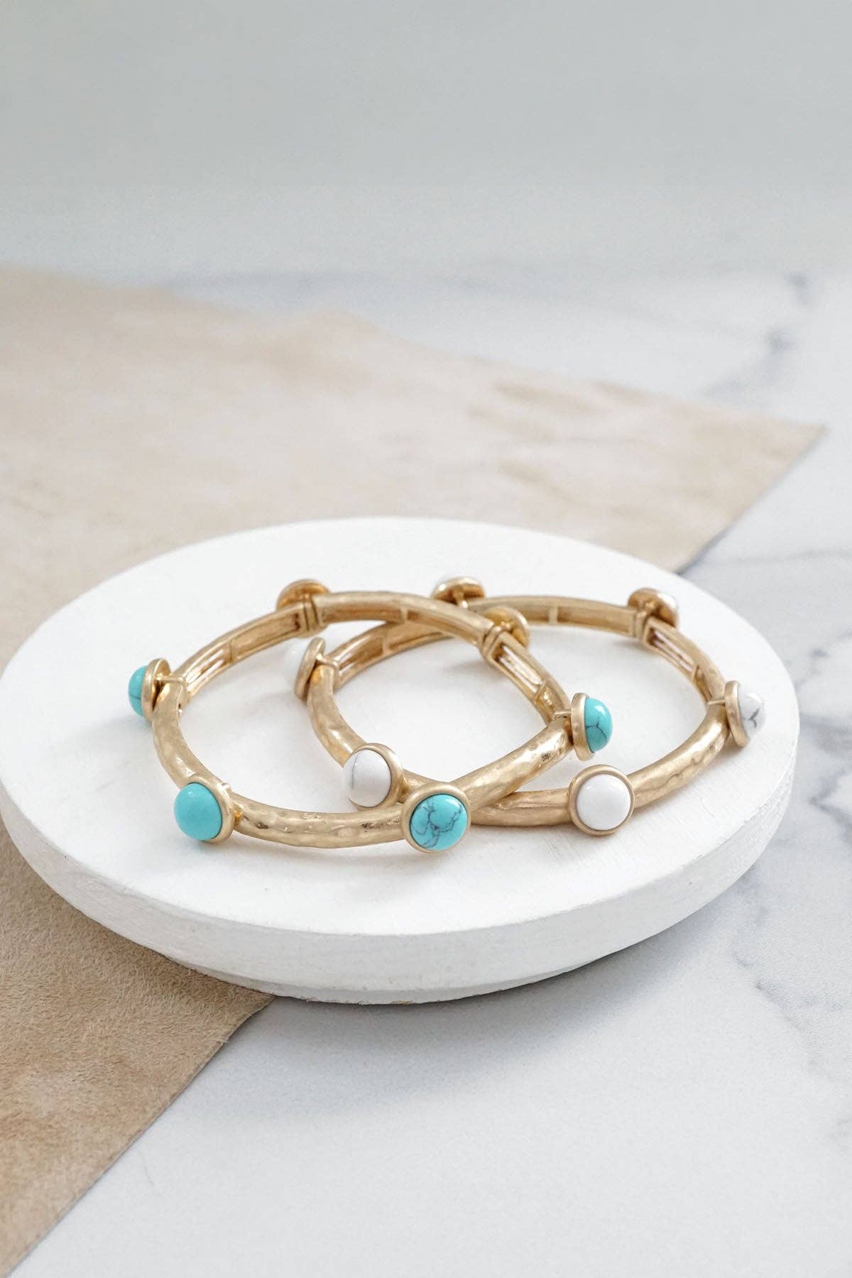 Jeweled Golden Bangle with semi precious stone dots: Worn Gold - Pearl