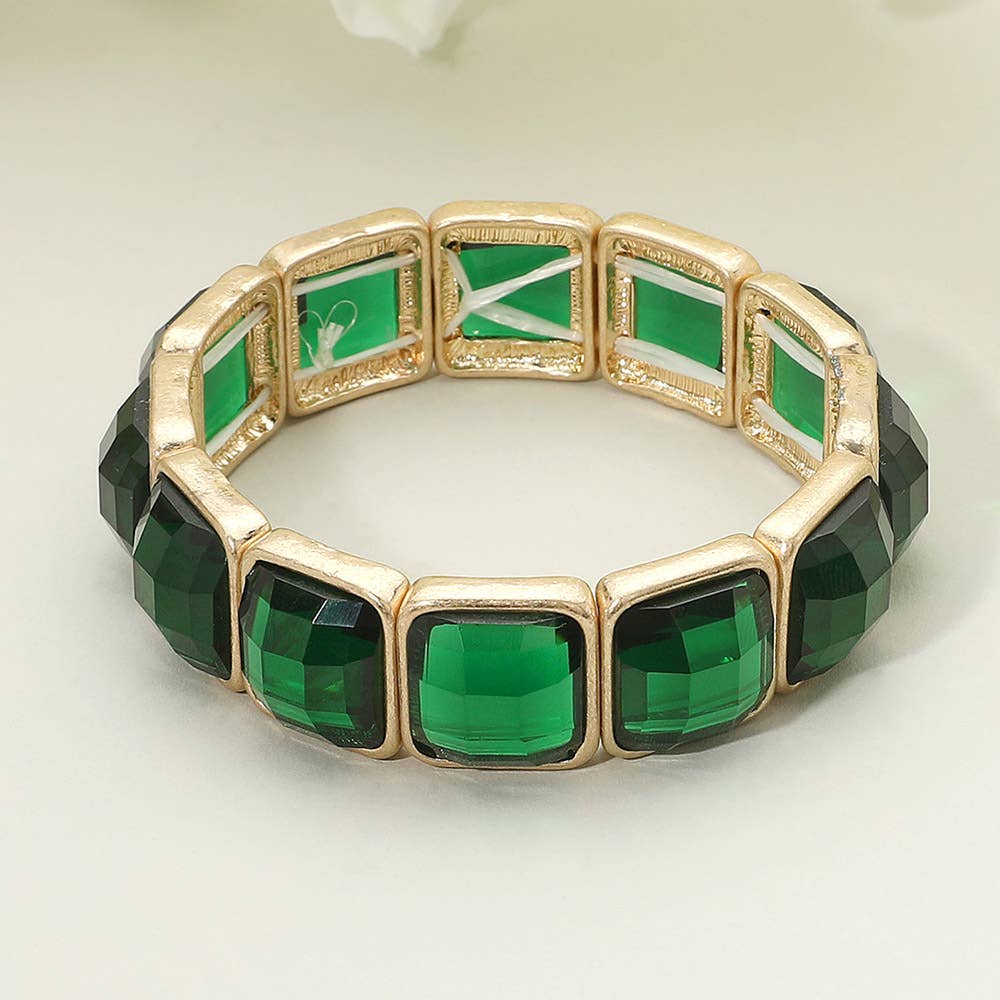 Square Faceted Glass Stone Frame Beaded Stretch Bracelet: Purple ,Worn Gold