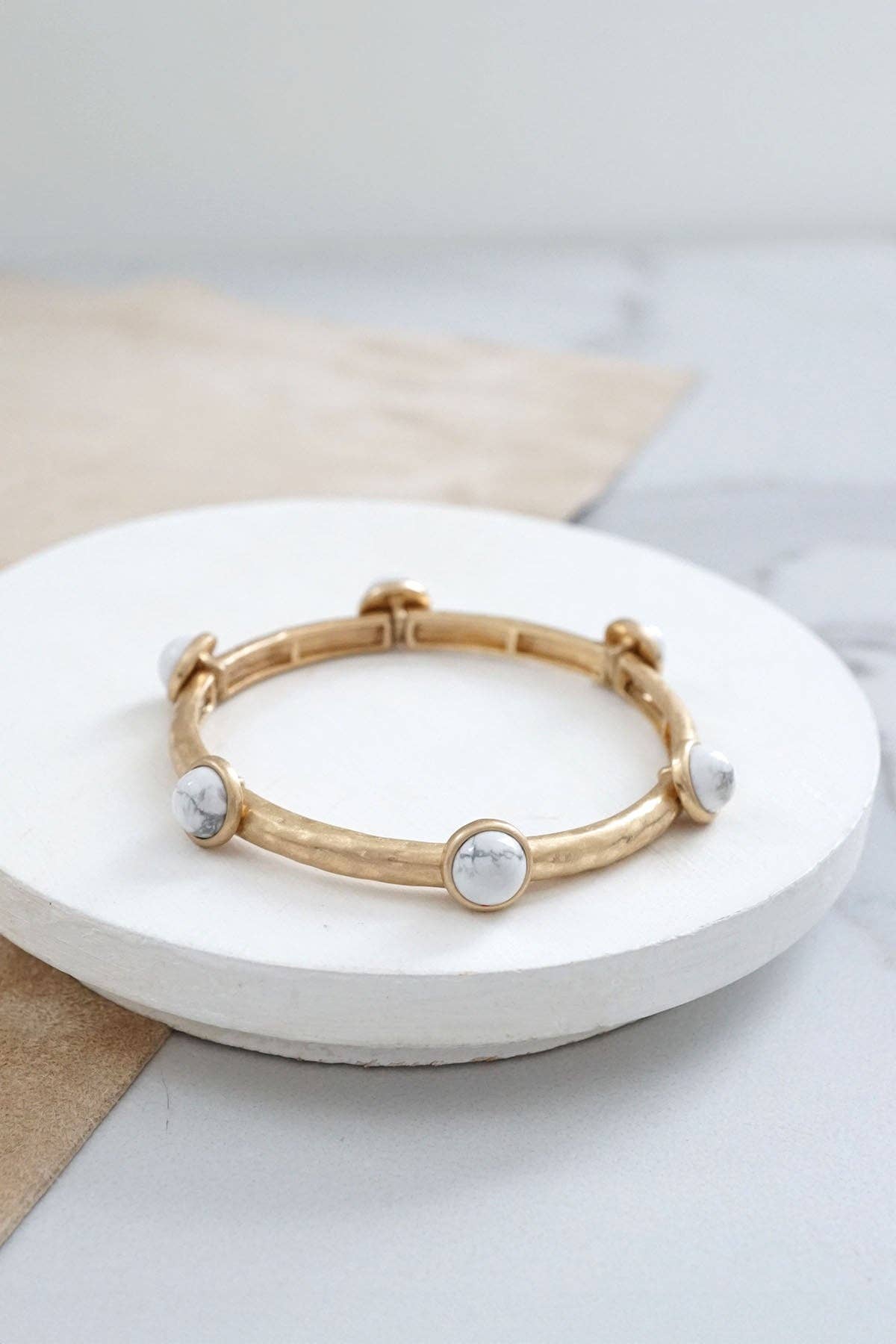 Jeweled Golden Bangle with semi precious stone dots: Worn Gold - Pearl