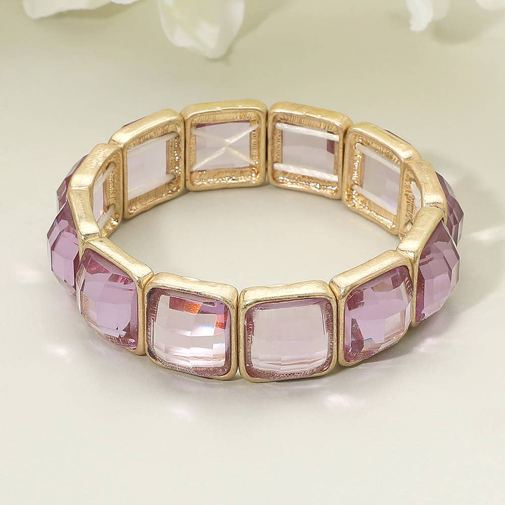 Square Faceted Glass Stone Frame Beaded Stretch Bracelet: Purple ,Worn Gold