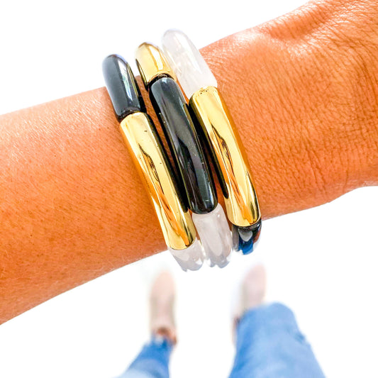 Black Acrylic Tube Bamboo Bracelet: Black-Gold-Clear White Marble