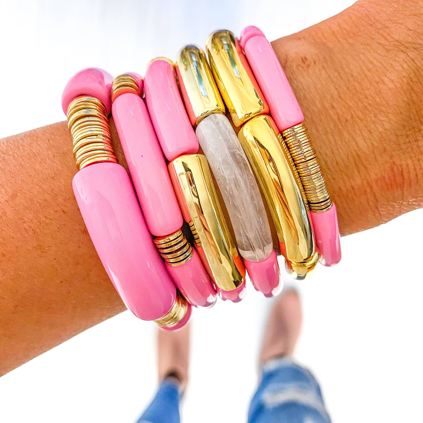 Light Pink Acrylic Tube Bamboo Bracelet: Pink & Gold Discs