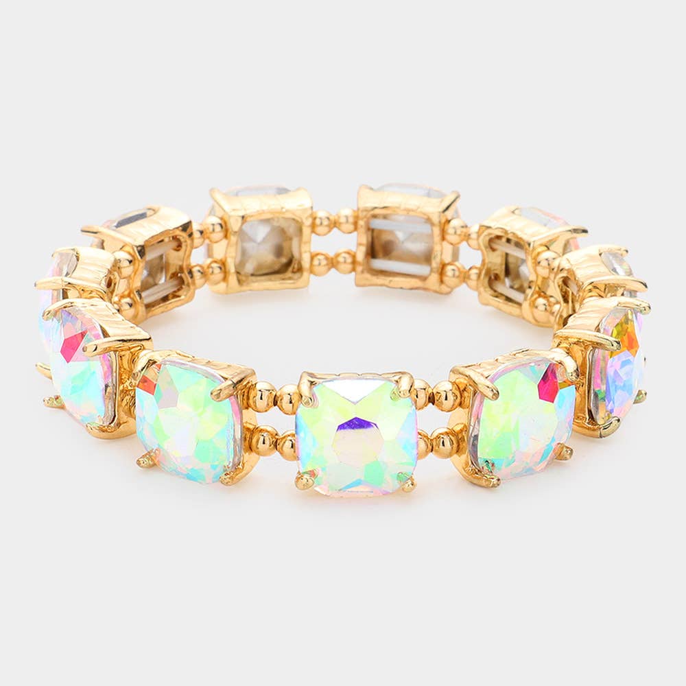 Cushion Square Stone Stretch Evening Bracelet: Opal Pink