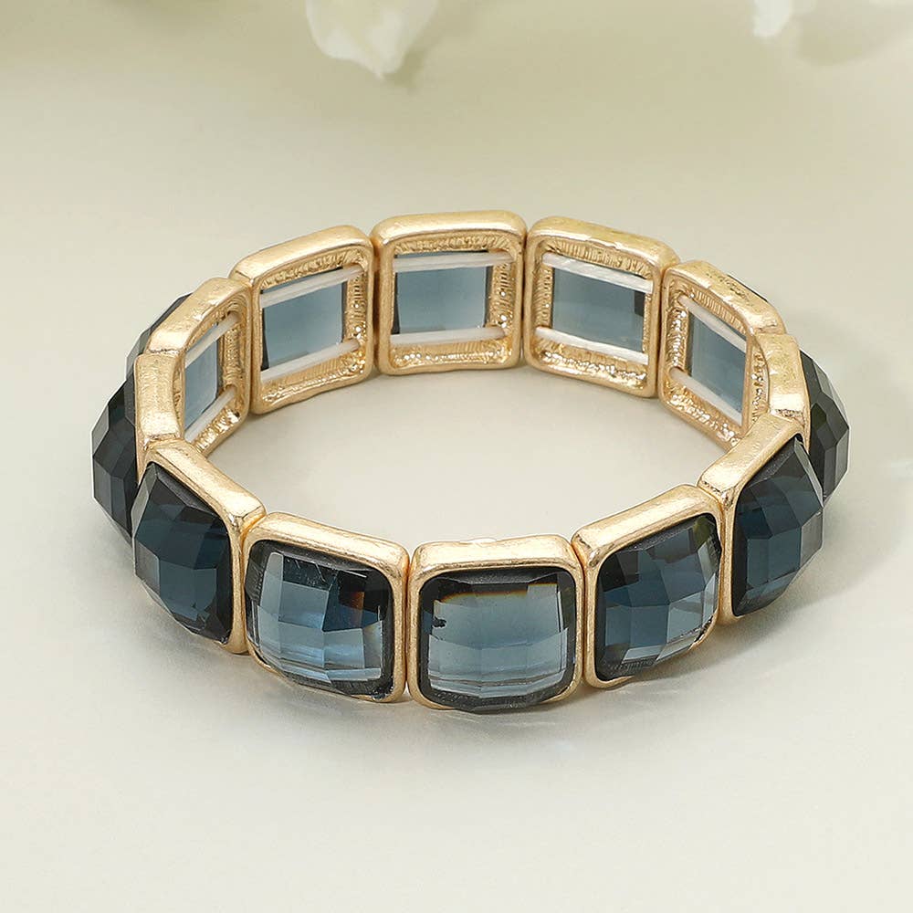 Square Faceted Glass Stone Frame Beaded Stretch Bracelet: Purple ,Worn Gold