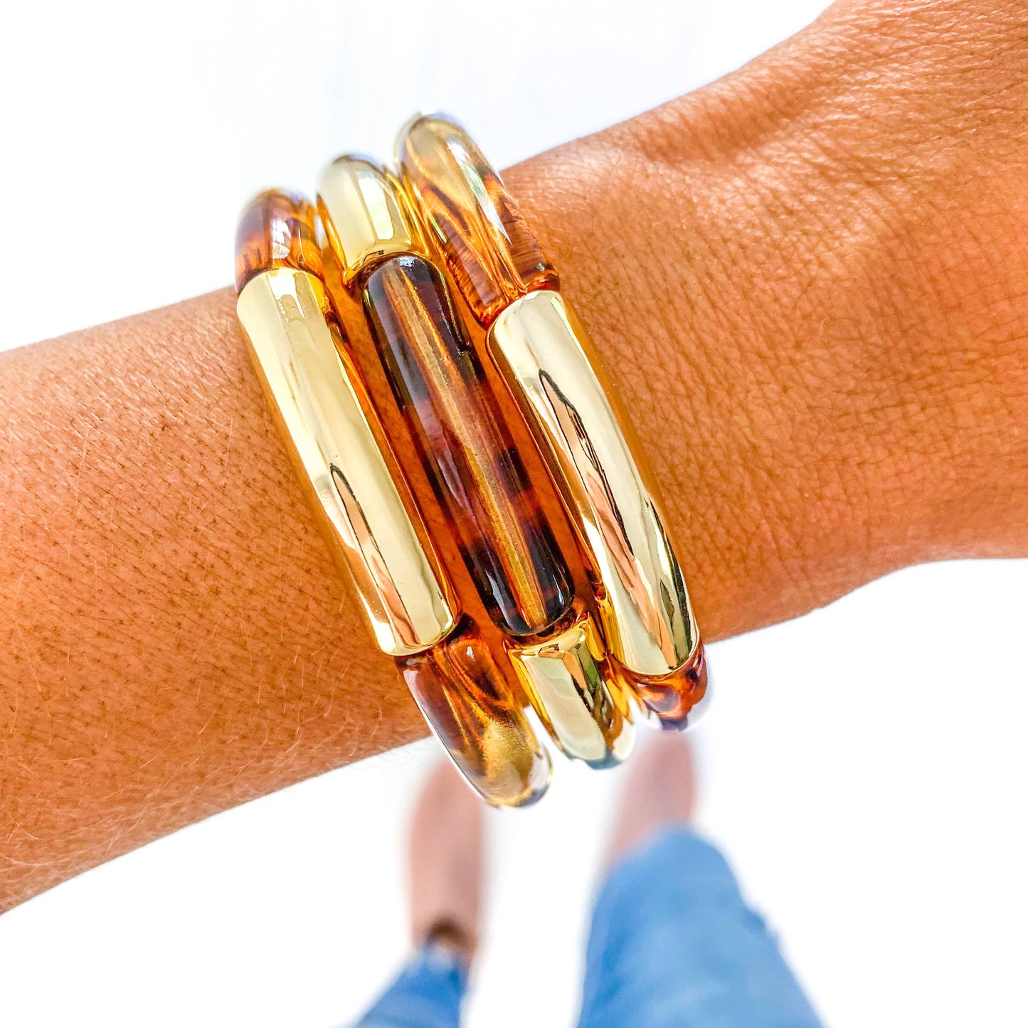 Brown Spotted Acrylic Tube Bamboo Bracelet: Brown Spotted- Gold Tube