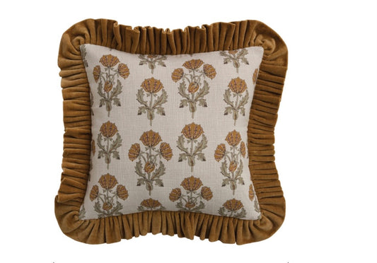 18" Square Mustard Floral Pillow with Velvet Ruffle