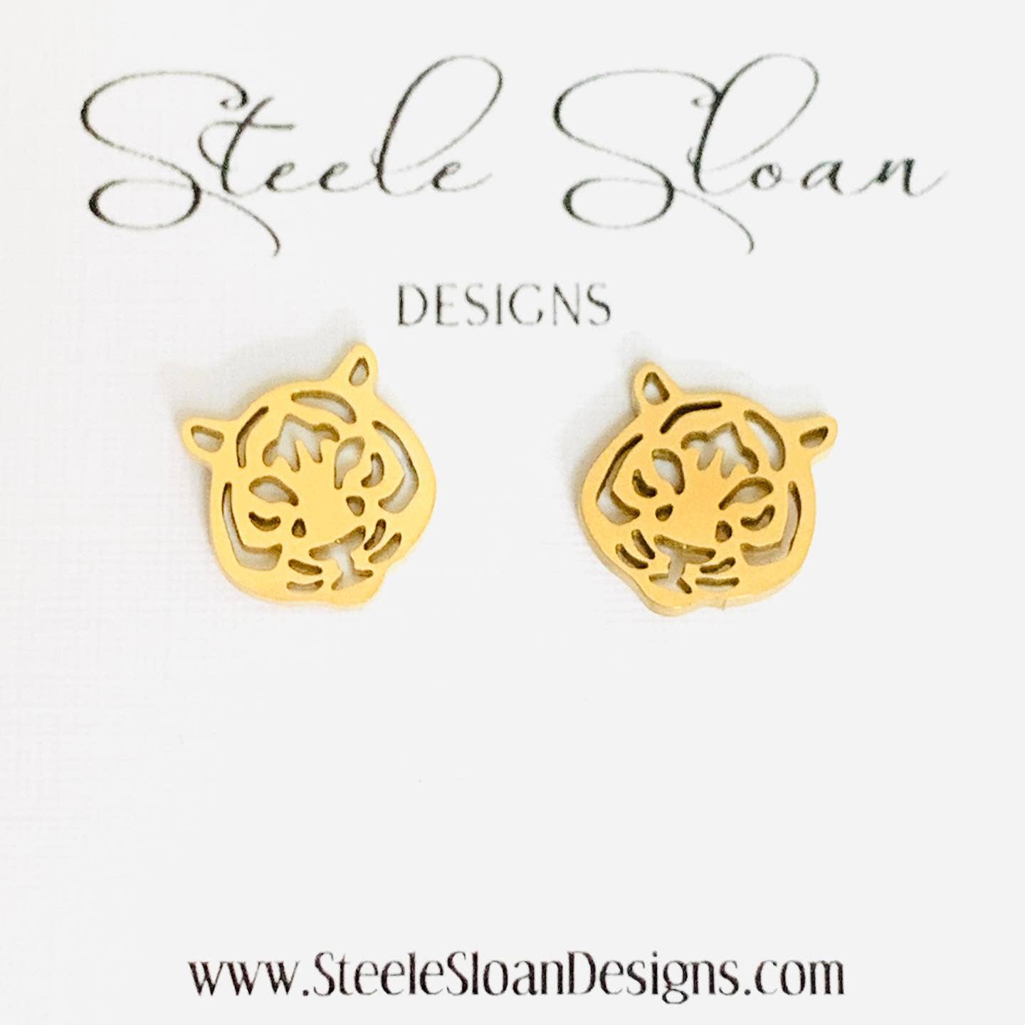 Cute Tiger Earrings, Tiger Football Gift, Silver Stud