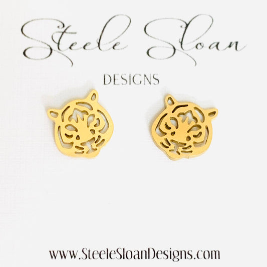 Cute Tiger Earrings, Tiger Football Gift, Silver Stud