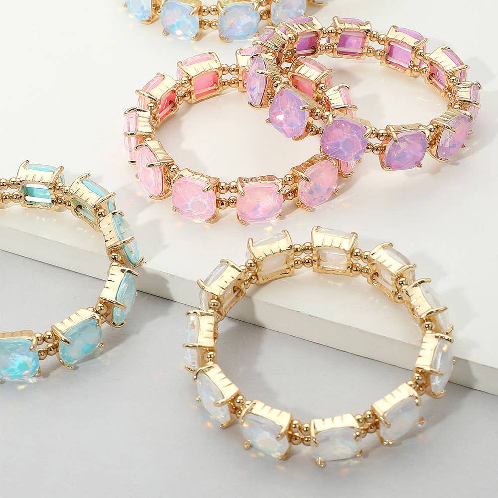 Cushion Square Stone Stretch Evening Bracelet: Opal Pink