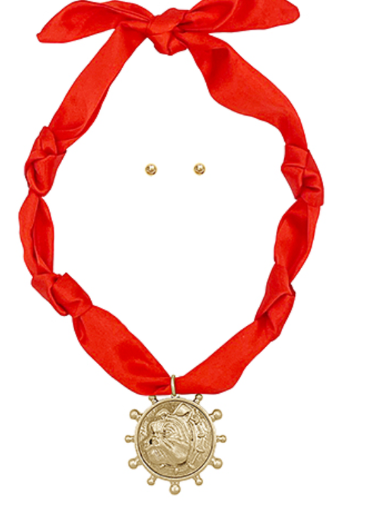 Red Scarf Bulldog Head Necklace