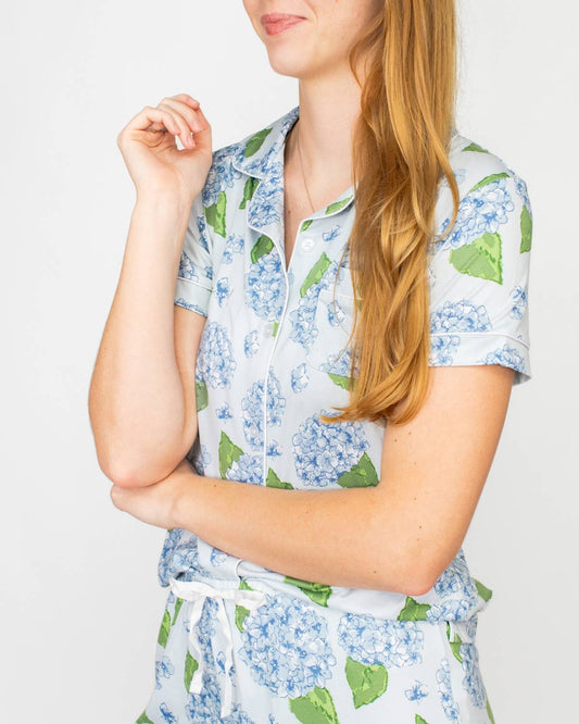 Hydrangea Short Sleeve Button Up Sleep Shirt   Illusion/Blue/Green  Large