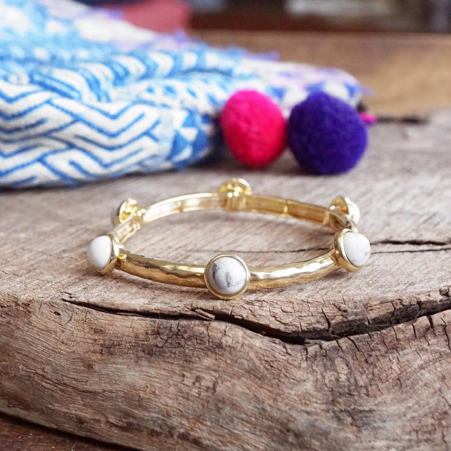 Jeweled Golden Bangle with semi precious stone dots: Worn Gold - Pearl