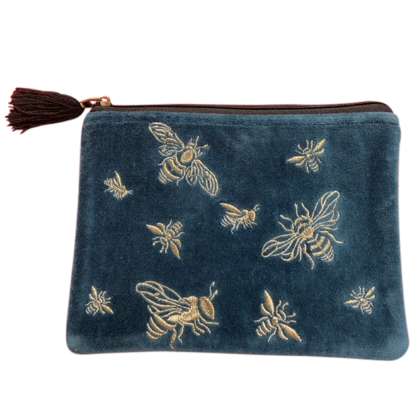 Rich Blue with Bees Velvet Coin Purse