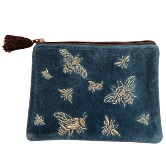 Rich Blue with Bees Velvet Coin Purse