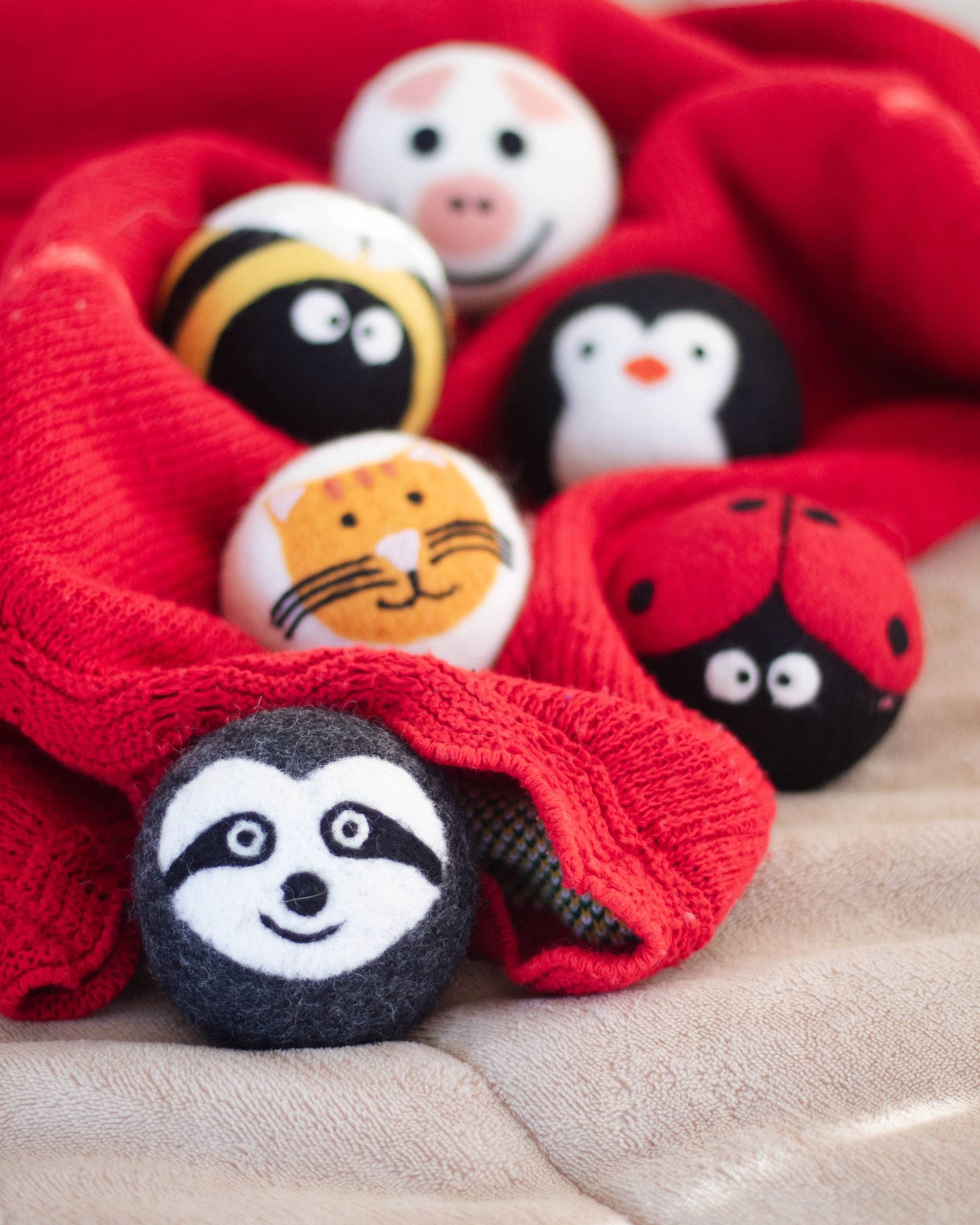 Critter Camp Eco Wool Dryer Balls set of 6-bee, pig, cat, sloth,penguin,and ladybug With Bag