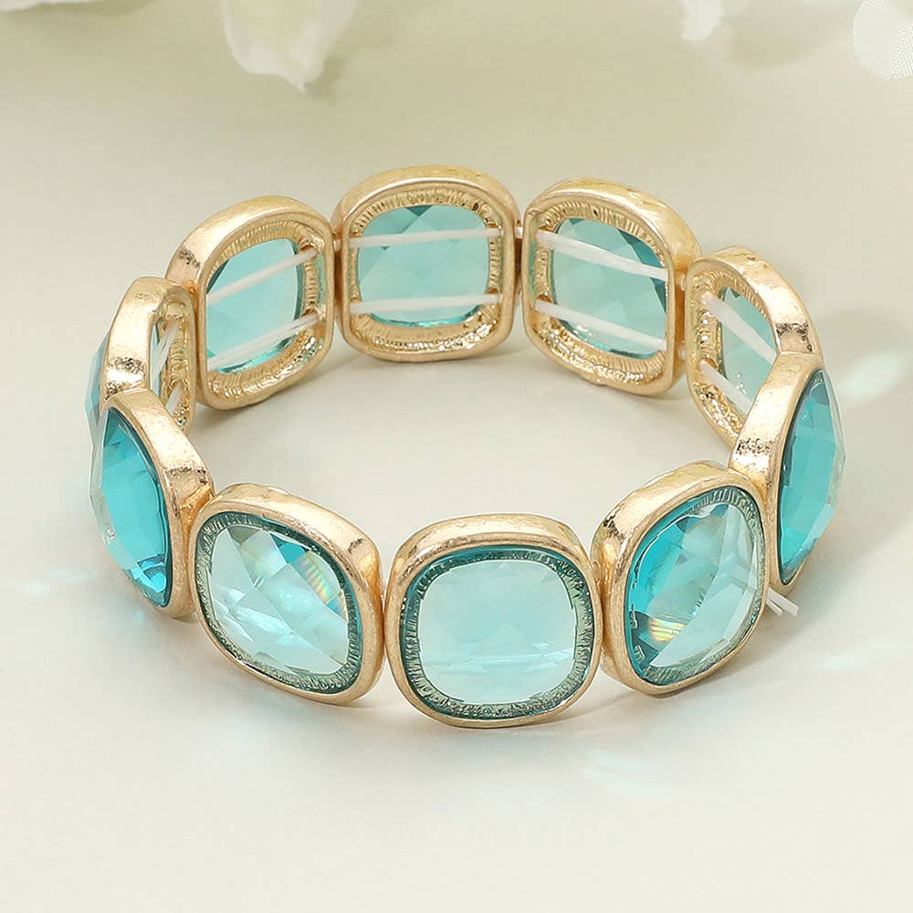 Round Square Glass Stone Frame Beaded Stretch Bracelet: Green,Light,Worn Gold