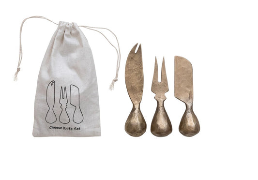 Hand-Forged Iron Cheese Knives w/ Hammered Handles, Set of 3 in Printed Drawstring Bag