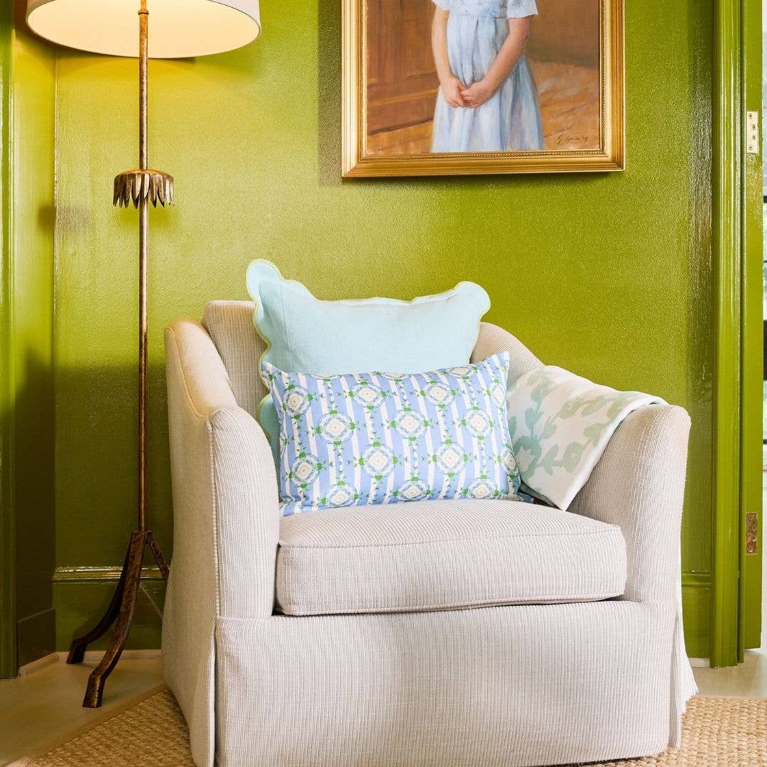 Charlotte Scalloped Linen Pillows Blue with Green Trim, SumnerEdit: 18" x 18" Throw Pillow